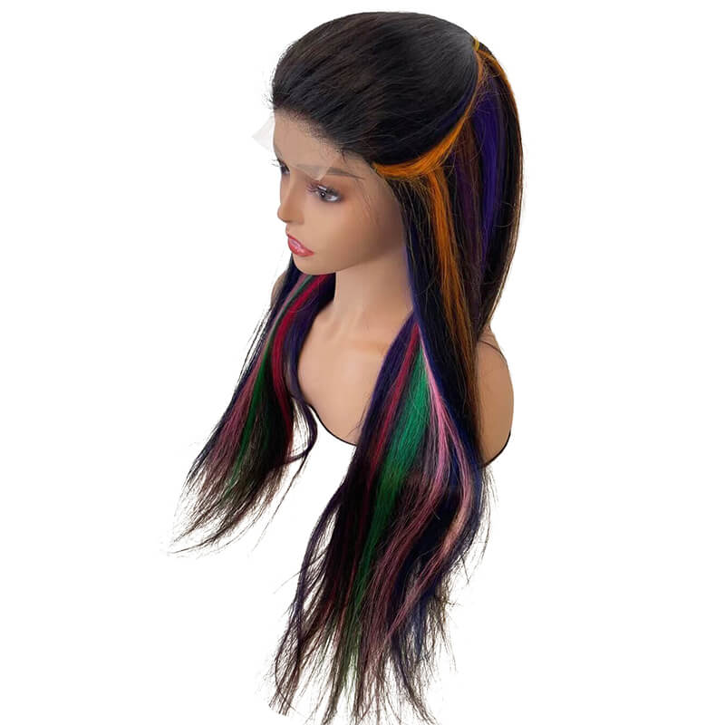 150% density rainbow color custom Brazilian 4x4 transparent lace closure wig 20"