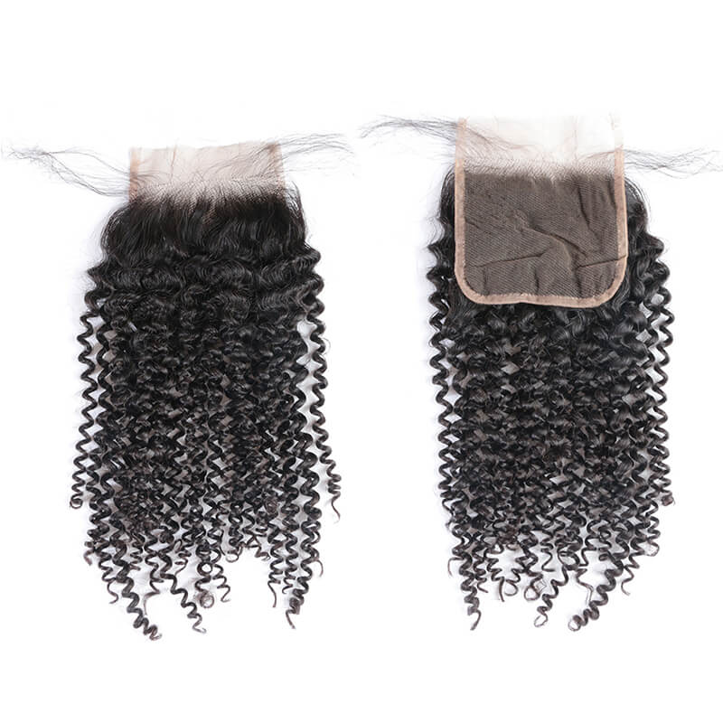 4Pcs Brazilian human hair bundles with 4x4 transparent lace closure deep curly