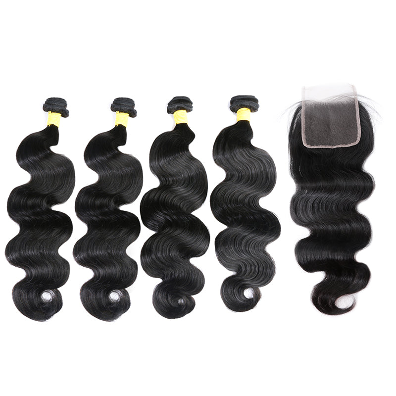 4Pcs Brazilian human hair bundles with 4x4 transparent lace closure body wave