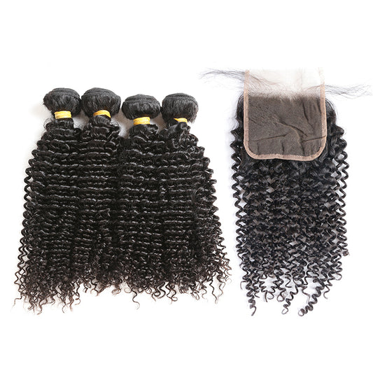 4Pcs Brazilian Deep Curly Hair Bundles with HD Lace Closure