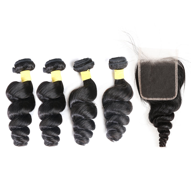 4Pcs Brazilian Human Hair bundles with 4x4 HD Lace Closure Loose Wave