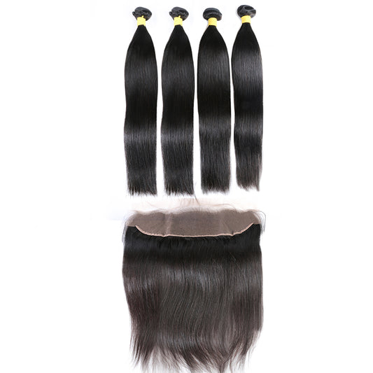 4Pcs Brazilian hair bundles with 13x4 transparent lace frontal straight
