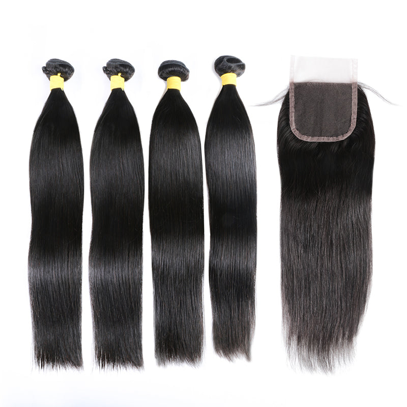 Brazilian Human Hair Bundles with 4x4 HD Lace Closure Straight 