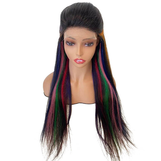 150% density rainbow color custom Brazilian 4x4 transparent lace closure wig 20"